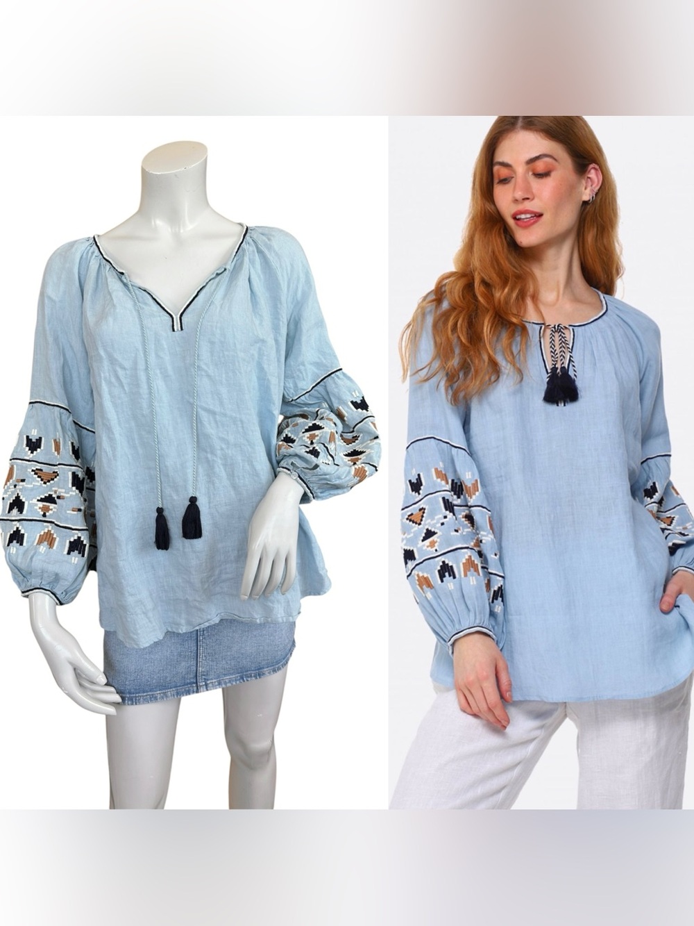 Benaras Boho Light Blue Peasant Oversized 100% Linen Embroidered Blouse Small